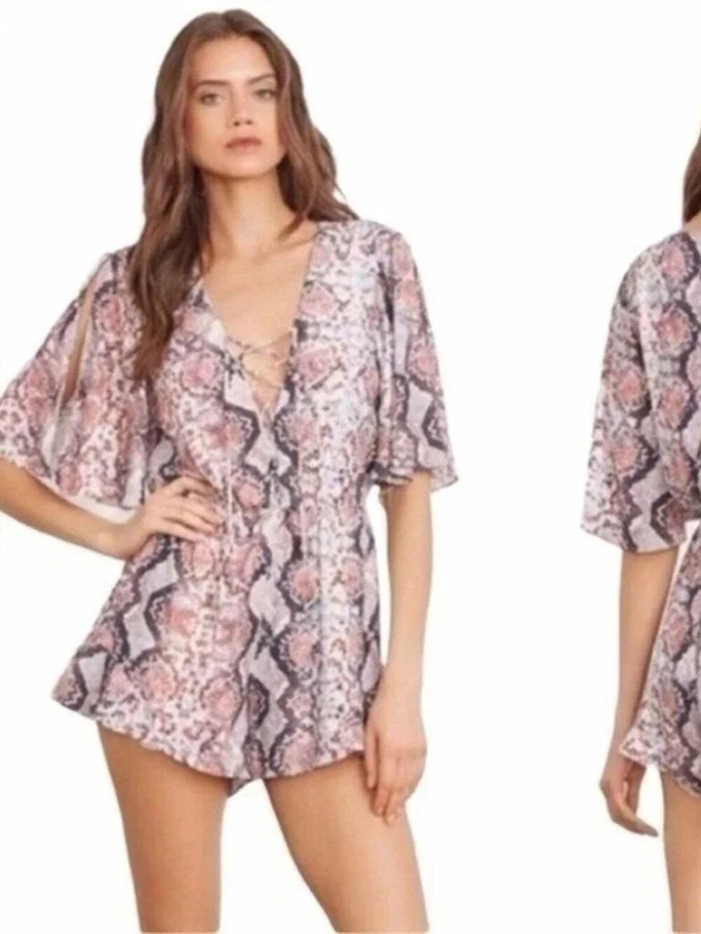 Revolve Lovers + Friends pink Snakeskin Print Lace-up Romper XS